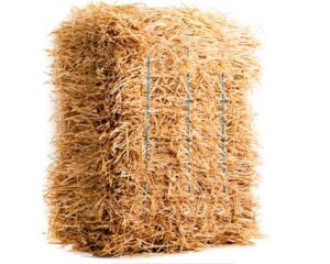 Foin compressé avec ficelle, isolant naturel pour construction écologique.
